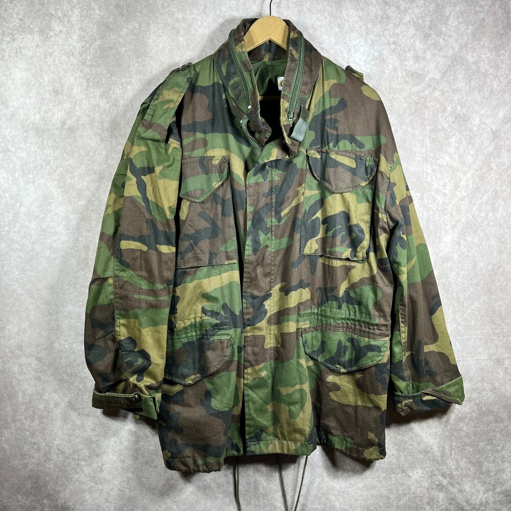Vintage Blue Dx Military Field Jacket Mens Large Green Camouflage Hooded Outdoor